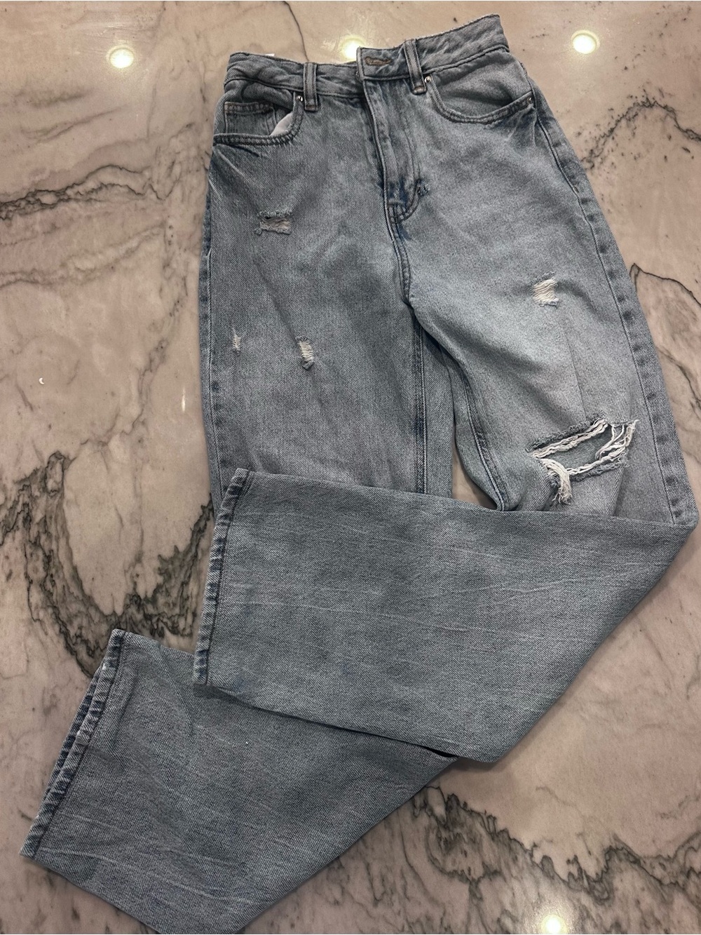 PacSun Men's Light Blue Straight Jeans with Rips